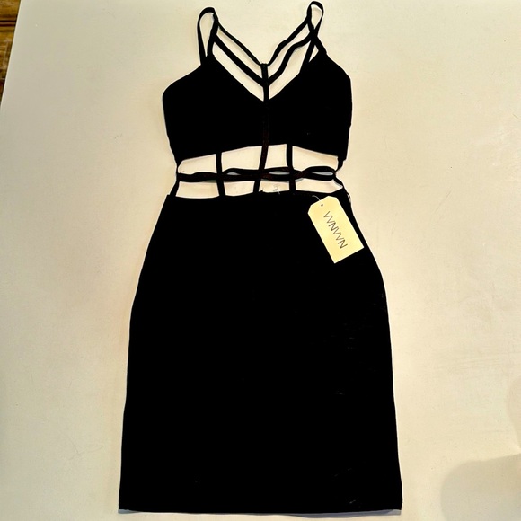 BRAND NEW NaaNaa XS Black Bodycon Dress with Straps - Picture 1 of 3